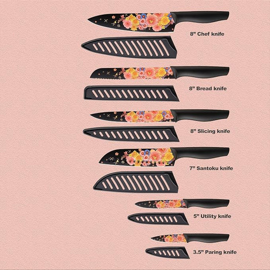 Marco Almond Knife Set Artistic Designed Pattern Kitchen Knife 6 Stainless Steel Kitchen Knives w 6 Blade Guards,Dishwasher Safe Kitchen Knife Sets for Family Knives Set for Chefs
