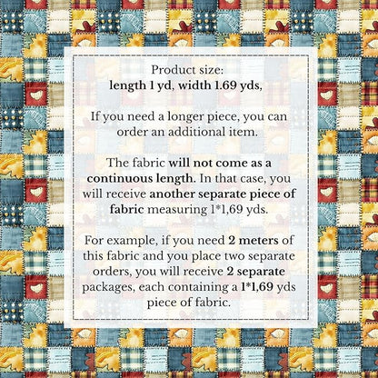 Patchwork Cotton Fabric Panel 61 x 36.6 Inches, Rustic Quilt Style Squares with Heart Motifs, Multicolor Vintage Design, 100% Cotton 140 GSM