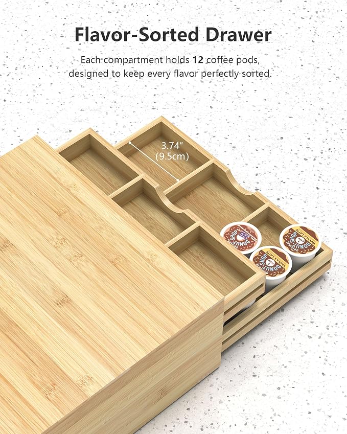 Bamboo Coffee Pod Drawer Organizer Compatible with K-Cups, Under Cabinet Coffee Station Storage Rack, Natural Wood Capsule Holder for 72 Pods, Countertop Coffee Machine Stand