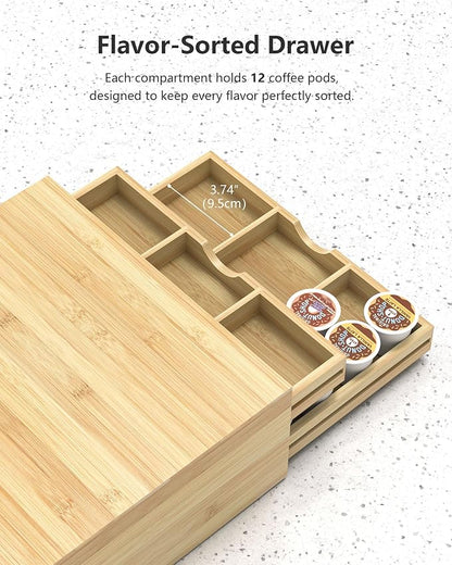 Bamboo Coffee Pod Drawer Organizer Compatible with K-Cups, Under Cabinet Coffee Station Storage Rack, Natural Wood Capsule Holder for 72 Pods, Countertop Coffee Machine Stand