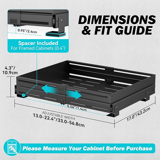 Pull Out Cabinet Organizer, Expandable Width 13"-22", Heavy Duty Metal Slide Out Drawers for Cabinets, Expandable Cabinet Pull Out Shelves for Kitchen, Pantry, Bathroom, Black