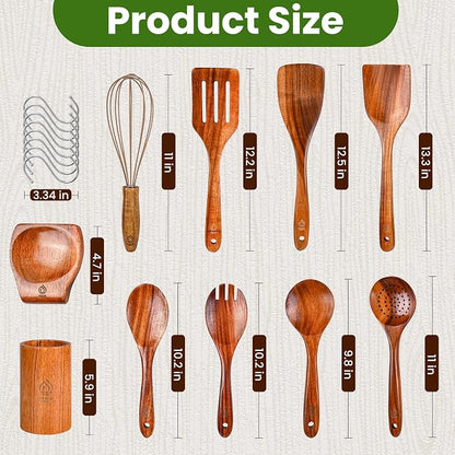 Teak Wooden Utensil Set 10 Piece, Kitchen Cooking Utensils with Holder and Hanging Hooks, Wooden Spoons and Spatulas for Cooking, Sturdy and Lightweight, Heat-Resistant Non-Stick Cookware