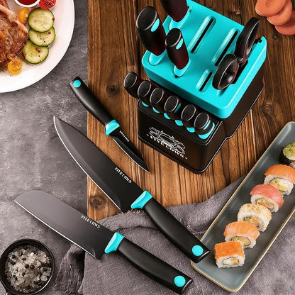 14 Pcs Kitchen Knife Block Set with Sharpener German High Carbon Stainless Steel Chef Knives, Razor-Sharp & Durable, Lightweight Anti-Slip Handle, Professional Set for Home & Kitchen (Green)