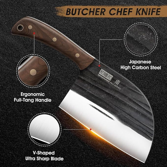 HOSHANHO 6.5 Inch Serbian Chef Knife, High Carbon Steel Meat Cleaver Knife for Meat Cutting, Handmade Forged Heavy Duty Butcher Knife with Full Tang for Home & Camping & BBQ Gift for Men