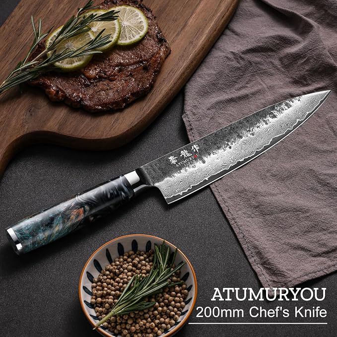 Japanese Chef Knife 8", Hand Forged 67-Layer Damascus VG10 Core Kitchen Knife for Home & Professional Chefs, Razor Sharp Chef's Knives with Leather Sheath, Premium Father Day Gift for Dad Husband