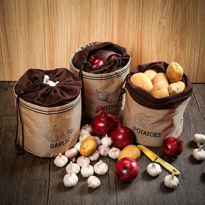 3 Pcs Potato Onion Garlic Storage Bag, Washable Vegetable Storage Bags with Blackout Lining Farmhouse Kitchen Potato Sacks Food Onion Garlic Container for Pantry(Classic,Barncloth)