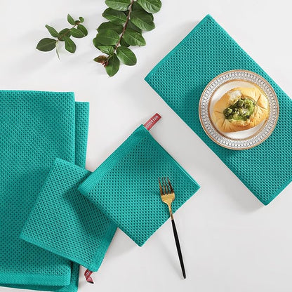 Homaxy 100% Cotton Kitchen Towels and Dishcloths Set, 12 x 12 Inches and 13 x 28 Inches, Set of 16 Bulk Kitchen Towels Set, Ultra Soft Absorbent Dish Cloths for Washing Dishes, Teal