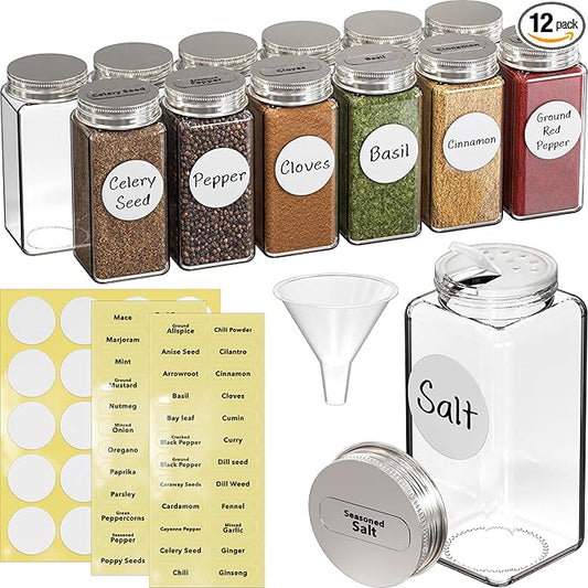 Simple Houseware Spice Jars 4 Ounce Square Glass Bottles with Shaker Lids, Funnel and Labels for Seasoning & Storage, 12 Pack