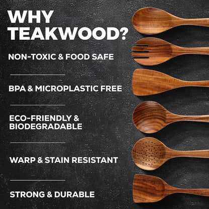Zulay Kitchen 7-Piece Wooden Cooking Spoons Set – Heat-Resistant, Smooth Teak Utensils with Comfort Grip – Lightweight & Durable – Easy to Clean, Perfect for Non-Stick Cookware