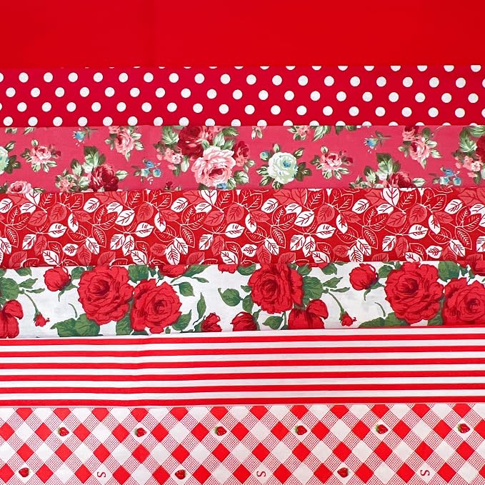 7 pcs 20" x 20" Cotton Fabric DIY Making Supplies Quilting Patchwork Fabric Fat Quarter Bundles DIY for Quilting Cotton Patchwork Cushions (red Flowers, 20" x 20")