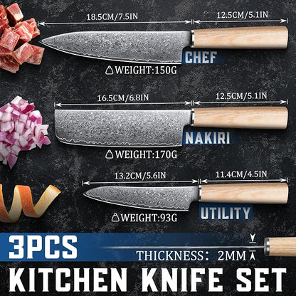 ROCOCO Damascus Chef Knife Set - Japanese Nakiri Utility Paring Knives Sharp Gyuto Meat Cleaver for Home Kitchen Gift Idea