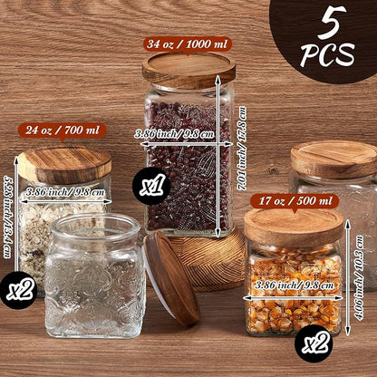 Gerrii Clear 5 Pcs Vintage Glass Food Storage Containers 17/24/34 oz Glass Jar with Lid Airtight Candy Food Canisters for Kitchen Counter Pantry Coffee Beans (Begonia,Sunflower,Window Grilles Square)