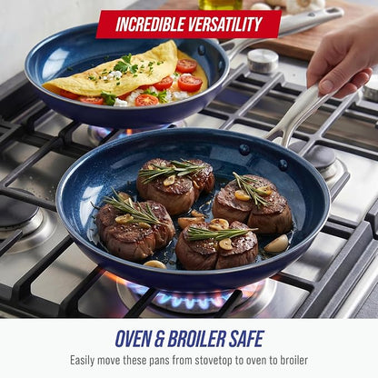 Blue Diamond 9.5” and 11" Frying Pan Skillet Set, Diamond Infused PFAS & PFOA-Free Ceramic Nonstick Pots & Pans, Durable Non Toxic Metal Utensil Safe & Scratch Resistant, Dishwasher & Oven Safe, Blue