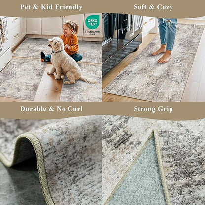 Kitchen Mats for Floor 3 Piece Set,Non-Slip Washable Kitchen Mats for Hardwood Floor, Boho Farmhouse Runner Rug for Sink,Entryway & Hallway & Bathroom (Brown Grey Beige, 2x3+2x4+2x5)