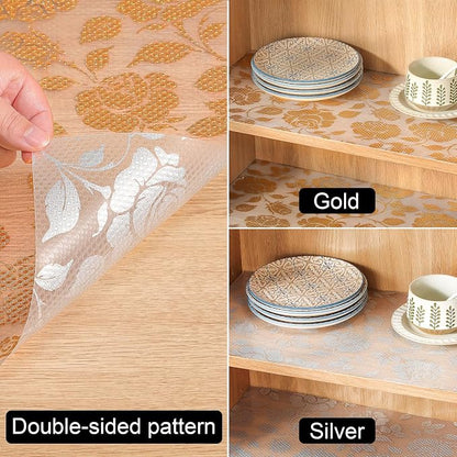 INNOLITES Shelf Liner for Cabinets, Non-Adhesive for Kitchen Drawer Liner, Waterproof Shelf Paper with Floral Pattern, Durable Easy to Clean (Golden Rose, 17.5" x 360")