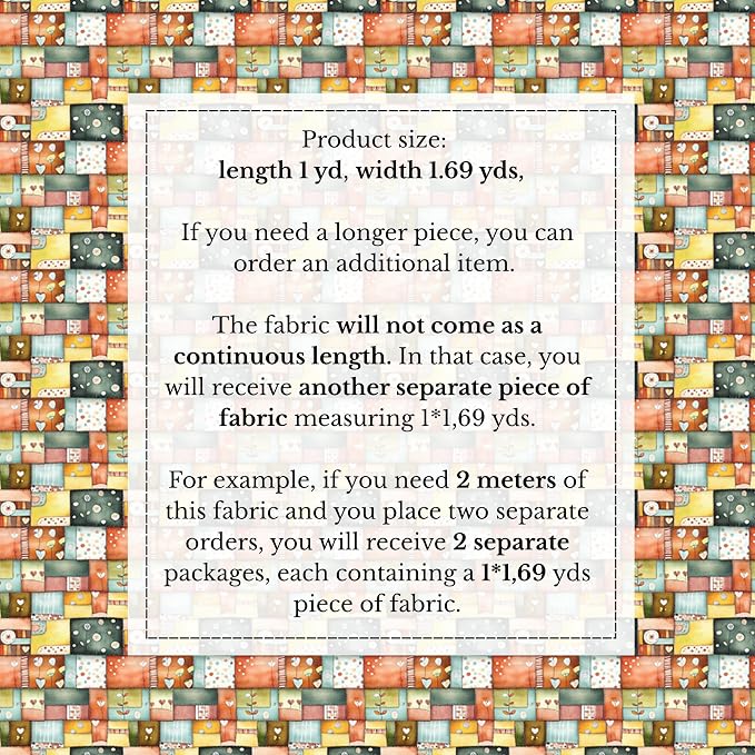 Patchwork Cotton Fabric Panel 61 x 36.6 Inches, Scandinavian Heart Pattern Quilt Style, Multicolor Rustic Design, 100% Cotton 140 GSM