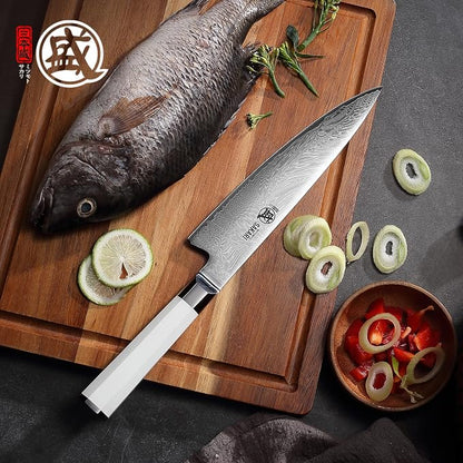 MITSUMOTO SAKARI 8-Inch VG-Pro Damascus Gyuto Knife, Hand Forged Professional Japanese Chef Knife, Ergonomic G10 Handle & Sandalwood Box