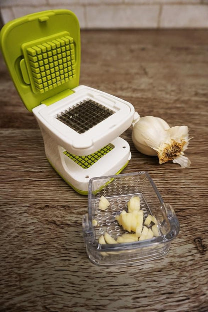 RSVP International Garlic Clove Cube Press Tool, Green/White | BPA-Free Plastic with Stainless Steel Blades | Minces & Slices | Chop, Crush, or Dice Garlic & Herbs | Dishwasher Safe