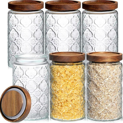Domensi 6 Pcs Vintage Glass Jars 34 oz Glass Storage Jars with Lids Begonia Pattern Airtight Storage Containers for Kitchen Counter Pantry Coffee Bean Grains Tea Sugar Flour Candy Oats