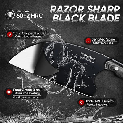 Dream Reach Serbian Chef Knife - Full Tang Butcher Cleaver for Meat Vegetables, Hand Forged Black Chopping Knife for Kitchen Birthday Mother Father Gift Idea