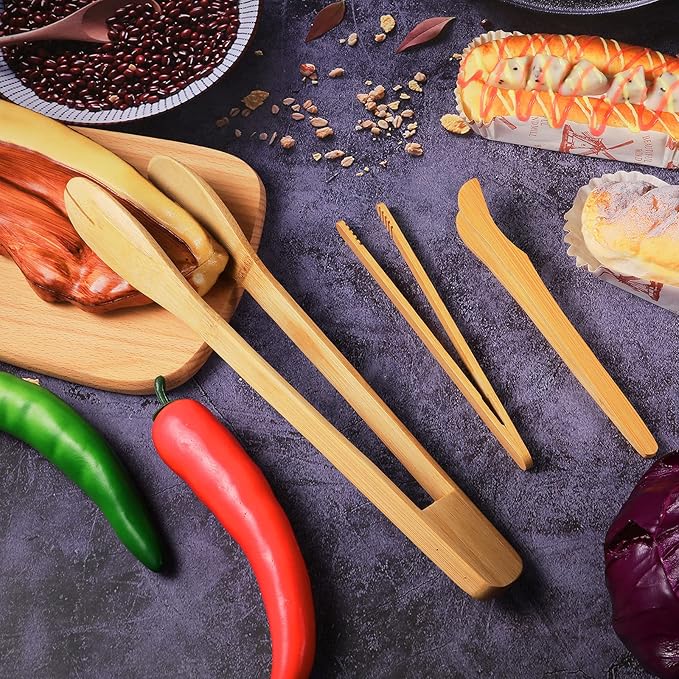 Zopeal 3 Pcs Bamboo Utensils for Cooking Wooden Toaster Tongs Long Cooking Salad Tongs for Picking up Cheese Bacon Toast Cake Fruits Bread Spaghetti for Kitchen Women Men