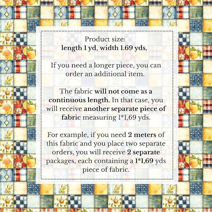 Patchwork Cotton Fabric Panel 61 x 36.6 Inches, Lemon Fruit Quilt Style Pattern, Rustic Blue Yellow Design, 100% Cotton 140 GSM