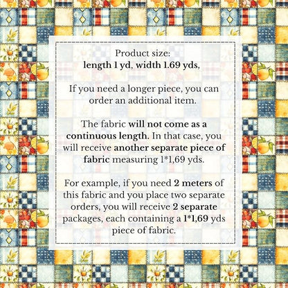 Patchwork Cotton Fabric Panel 61 x 36.6 Inches, Lemon Fruit Quilt Style Pattern, Rustic Blue Yellow Design, 100% Cotton 140 GSM