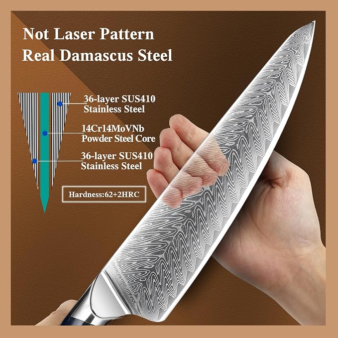 Classic Damascus Chef's Knife 8”, Thin, Light Super Sharp Kitchen Knife, Japanese Damascus Kitchen Knife for All-Around Food Preparation, Professional Resin Handle Chef Knife