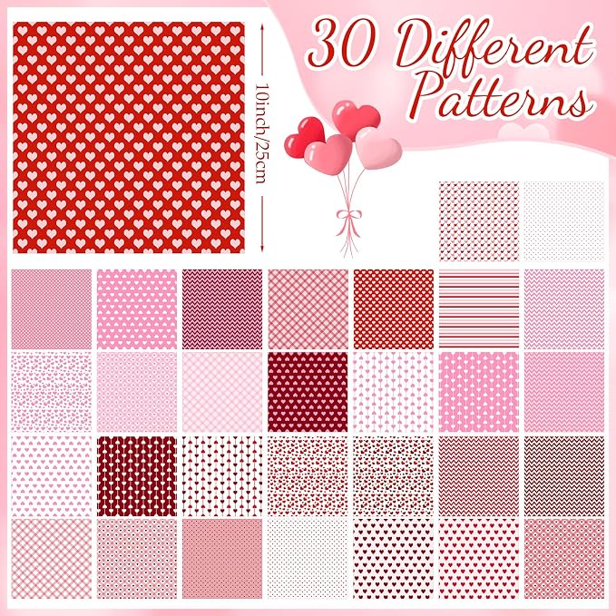 Tatuo 30 Pcs 10 x 10 Inches Valentine Cotton Fabric Bundle Squares Patchwork Pink Heart Fabric Sewing Quilting Bundles Assorted Pattern Cloth for DIY Scrapbook Craft Making