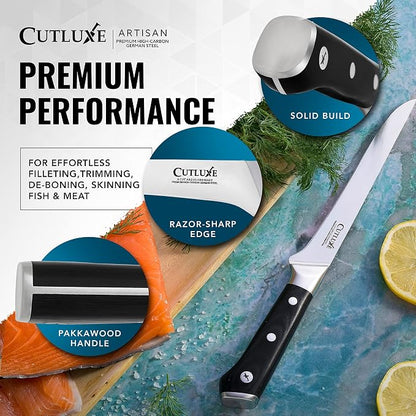 Cutluxe Boning Knife – 6" Razor Sharp Fillet – High Carbon German Steel – Full Tang Ergonomic Handle Design, Grilling Gifts for Men – Artisan Series