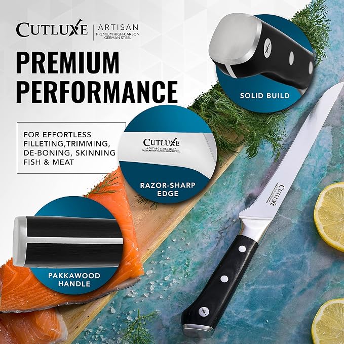 Cutluxe Carving Knife Set for BBQ & Brisket – Razor Sharp German Steel Slicing and Boning Knife for Meat Cutting, Full Tang & Ergonomic Handle, Fathers Day Gift For Dad – Artisan Series