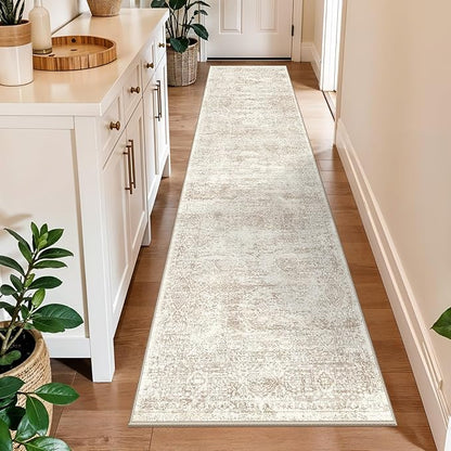 Runner Rug 2x10 Washable Non-Slip Hallway: Vintage Boho Carpet with Rubber Backing for Kitchen Entryway Hall Holiday Farmhouse Neutral Cream Long Runners (Cream/Beige,2'x10')