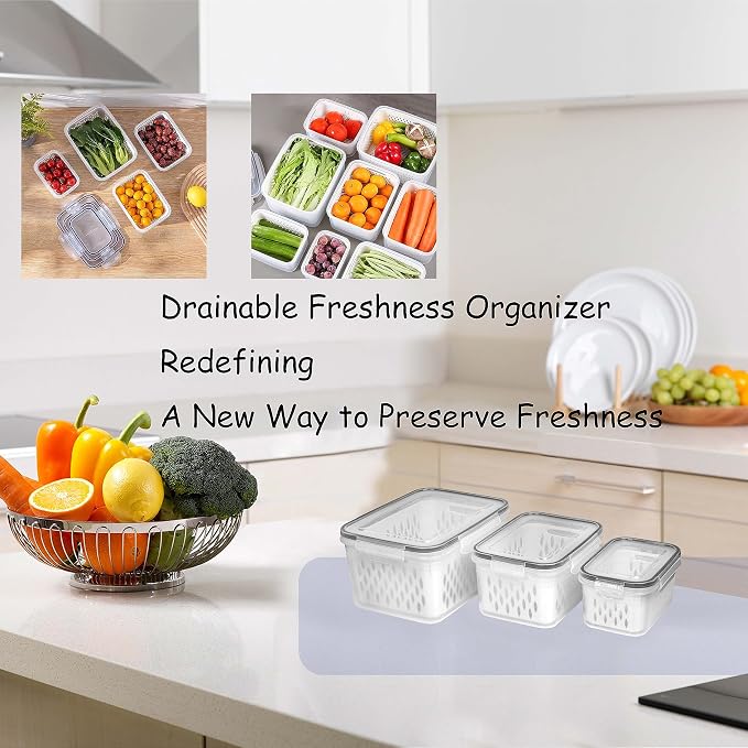 Fruit and Vegetable Storage Containers for Fridge, 6 Pcs/3 Sets Keep Fresh Produce Saver Containers Keeper, Food Storage Containers with Removable Colander (grey)