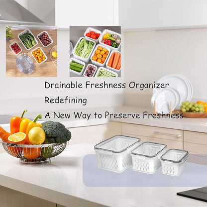 Fruit and Vegetable Storage Containers for Fridge, 6 Pcs/3 Sets Keep Fresh Produce Saver Containers Keeper, Food Storage Containers with Removable Colander (grey)