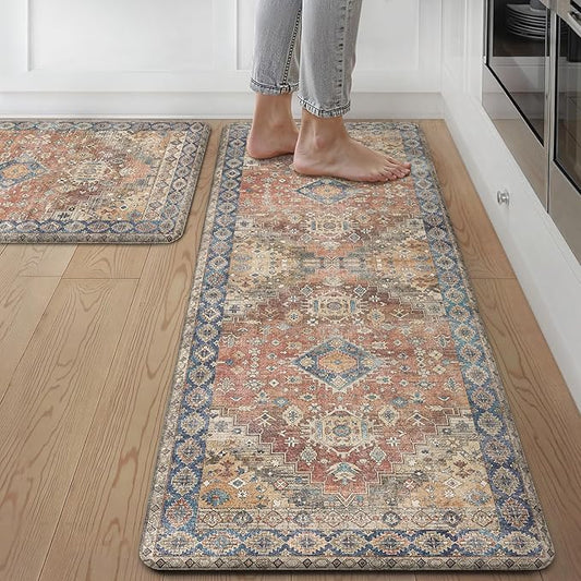 GENIMO Kitchen Mats for Floor, 2PCS Kitchen Rugs Non Slip Washable, Waterproof Anti Fatigue Mat, Comfort Standing Runner Rug for Sink, Office, Laundry, Home, 17.3"x47"+17.3"x30", RetroBrick