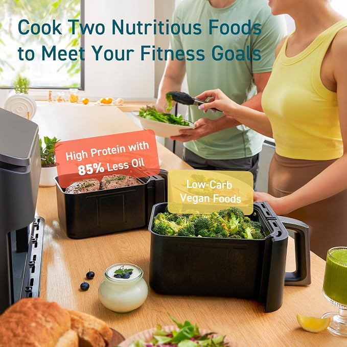 Cosori Dual Air Fryer 9Qt – 10-in-1, Fresh Balanced Meals for Family and Children with Double Baskets, Sync Cook & Finish to Bake, Roast, Reheat, Broil & 130 Recipes for Easy Cooking, Dishwasher Safe