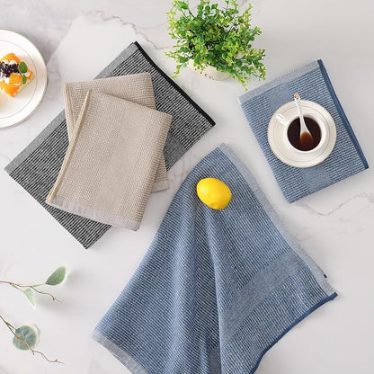 Mordimy Premium Kitchen Towels 6 Pack (18 x 28 Inches, Navy Blue/Khaki/Black), Large Cotton Flat & Terry Kitchen Hand Towel, Super Absorbent Tea Dishtowels Set with Hanging Loop