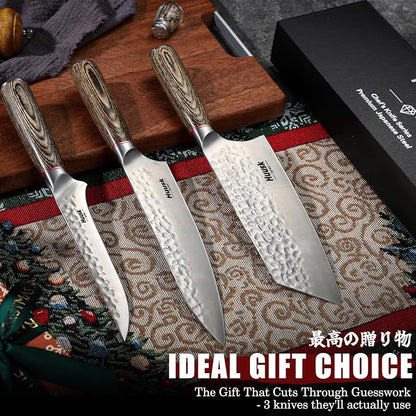 Huusk Japanese Kitchen Knife Set of 3, Professional Chef Knives Set for Kitchen, Hand Forged Butcher Knife Set for Meat Cutting, Meat Cleaver Boning Knife with Pakkawood Handle, Gift Idea for Men