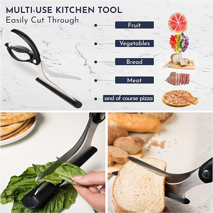 Pizza Scissors - Non-Stick Pizza Scissors with Firm Grip Base - Food Grade Stainless Steel Pizza Cutter - 5-in-1 Food Slicer & Pizza Server - Durable, Safe & Mess Free