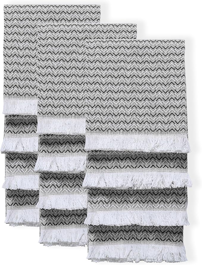 TWINY threads Kitchen Towel Chevron Weave, Premium Kitchen Linen Set, Large 100% Cotton Dish Rags, Absorbent Quick Drying for Daily Use, Washable Reusable, Set of 12, 16x26 Inches, Black