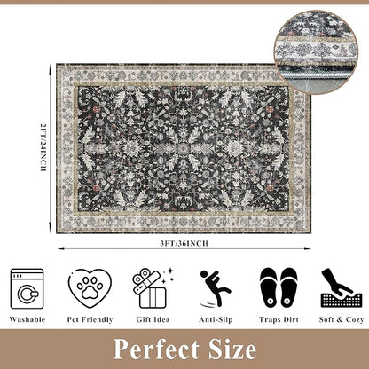2x3 Rug Non-Slip Washable for Kitchen – Boho Small Throw Rug for Sink & Entryway, Soft Low Pile Thin Indoor Mat for Pet Area & Bathroom (Black, 2x3)