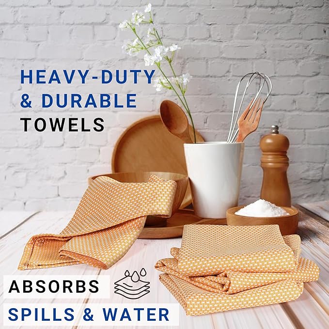 TWINY threads 4-Pack Kitchen Towels, 100% Cotton Dotted Weave, 18x28 Inch, Soft & Absorbent Wash Cloths Set with Hanging Loop, Washable and Reusable Dishcloths for Cooking, Cleaning - Mustard Yellow