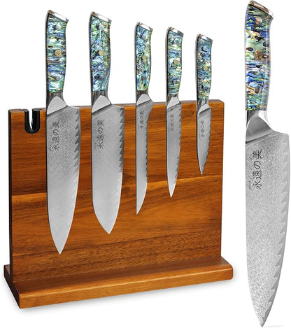 Damascus Kitchen Knife Set | 67-Layer Damascus Steel | Professional Chef Knives Set | Ergonomic Blue Shell Handle | Acacia Wood Magnetic Holder Included (Blue-3, 5-Piece Set)