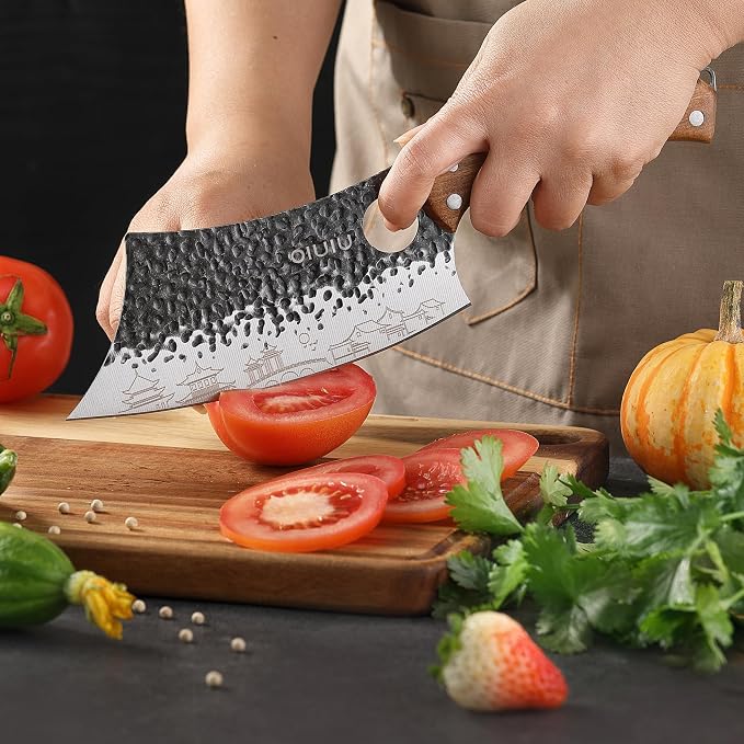 OLULU 3PCS Butcher Knife Set, 7" Butcher Meat Cleaver, 7" Serbian Chef Knife and 6.5" Viking Knife, Kitchen Knife Set with wood Handle, Great for Indoor & Outdoor (Unique Pattern)