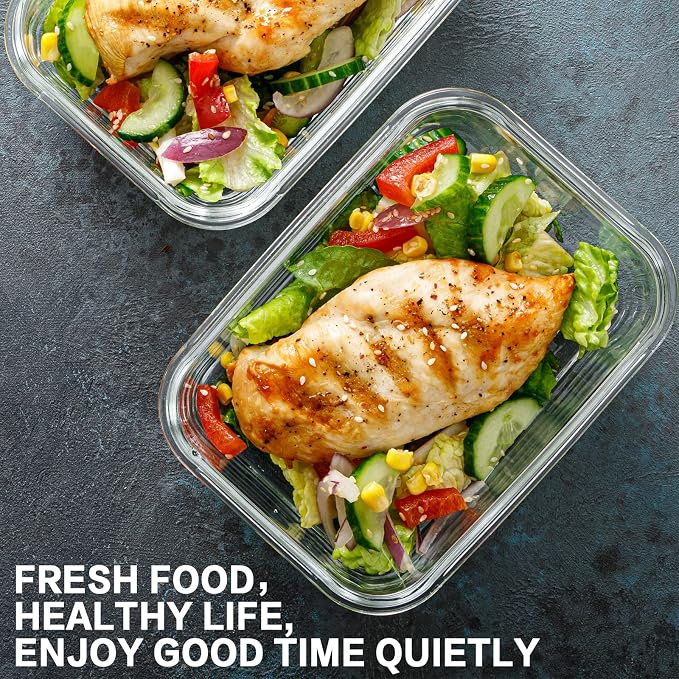 Bayco 10 Pack Meal Prep Containers, Glass Food Storage Containers with Lids, Airtight Lunch Bento Boxes, BPA-Free & Leak Proof (10 lids & 10 Containers) - White