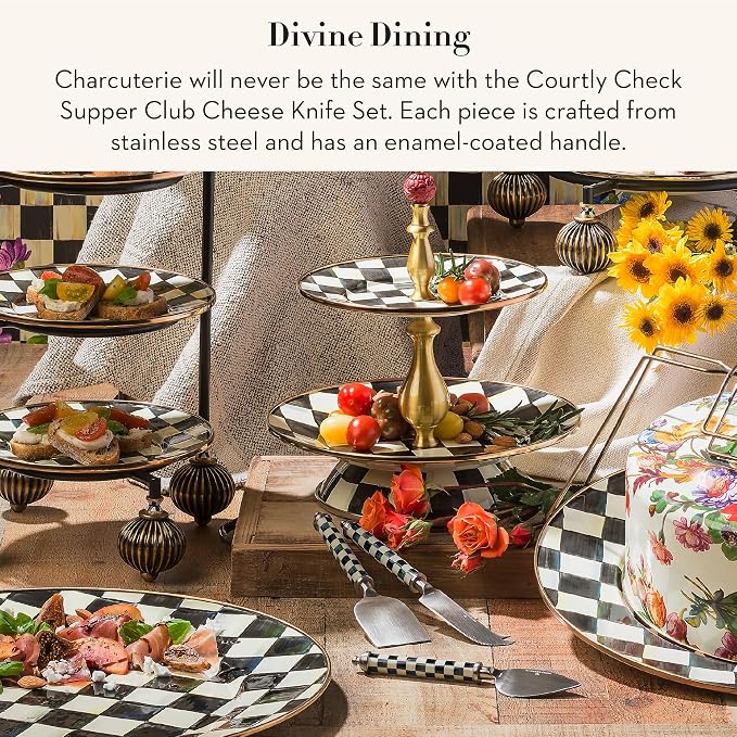 MACKENZIE-CHILDS Supper Club Cheese Knife Set, Stainless-Steel Cheese Slicers, Charcuterie Accessories, Set of 3, Black-and-White Courtly Check