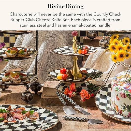 MACKENZIE-CHILDS Supper Club Cheese Knife Set, Stainless-Steel Cheese Slicers, Charcuterie Accessories, Set of 3, Black-and-White Courtly Check