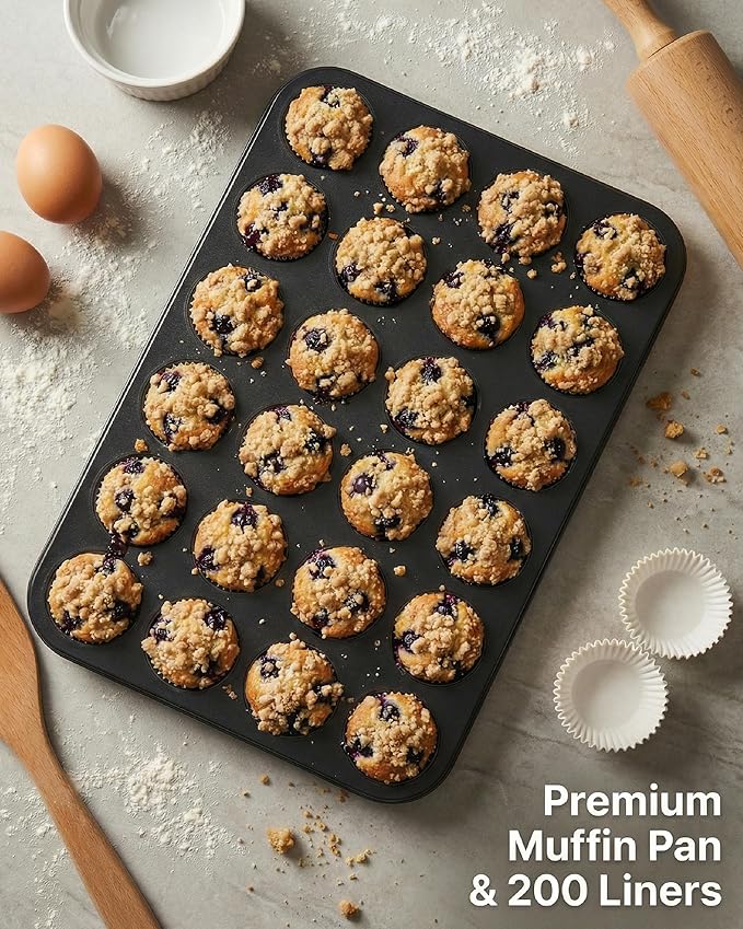 CARTMAN 24-Cup Mini Muffin Pan with 200 Paper Liners, Non-Stick Carbon Steel Mini Muffin Tin for Even Baking, Ideal for Cupcakes, Egg Bites, and Party Treats