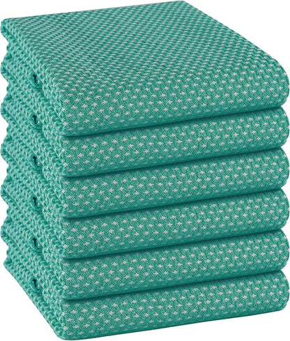 TWINY threads Set of 6 Kitchen Dish Towels, 100% Cotton, 18x28 Inches, Soft & Absorbent Wash Cloths with Hanging Loop, Quick Drying, Washable Bar Towel for Table Cleaning - Turquoise Green
