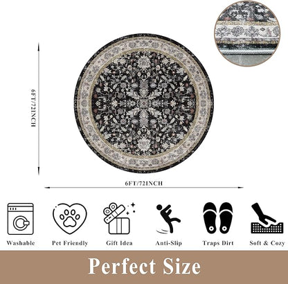 6ft Round Kitchen Rug Washable - Non-Slip Soft Low Pile Circle Area Rug for Under Table Living Room Dining Room Bedroom – Boho Floral Circular Floor Indoor Carpe (Black,6x6)